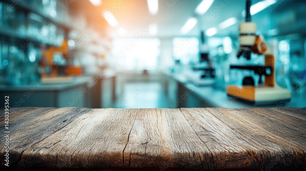Wooden tabletop in a laboratory setting with blurred scientific equipment in the background.
