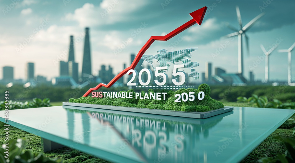 Fototapeta premium Business growth concept with an arrow chart pointing towards the sky and sea horizon, symbolizing market success and financial direction