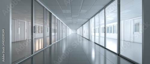 Obraz na płótnie Modern corridor featuring glass walls and a glossy floor, creating a spacious and sleek environment. w salonie