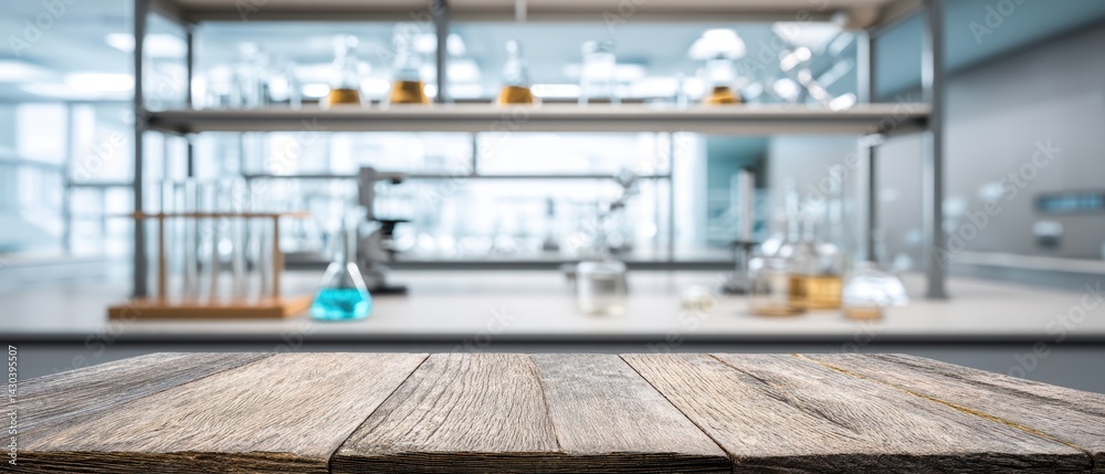 Modern laboratory with glassware and a wooden countertop, showcasing a clean environment for scientific experimentation.