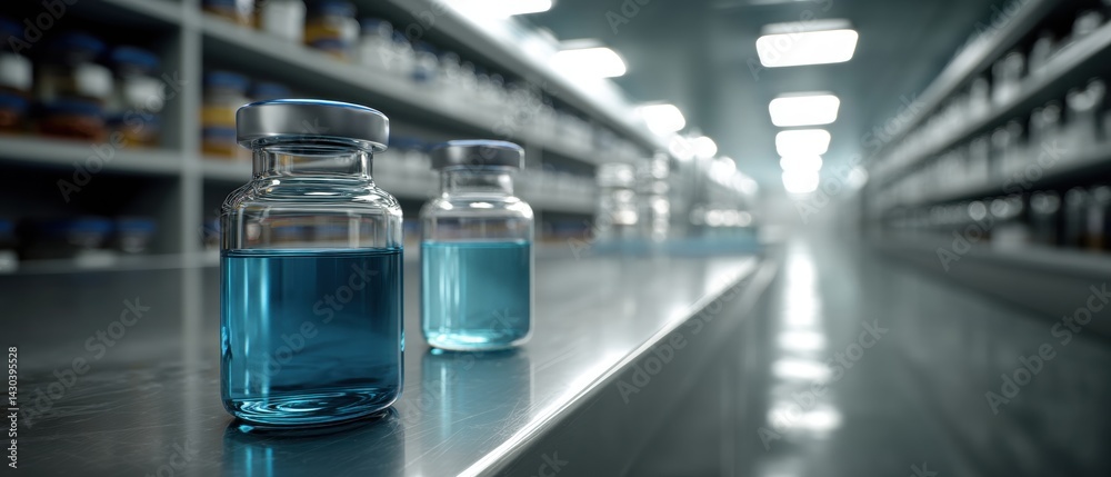 Two glass vials with blue liquid on a lab counter, showcasing a sterile, organized laboratory environment.