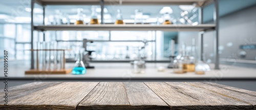 Obraz na płótnie Modern laboratory with glassware and a wooden countertop, showcasing a clean environment for scientific experimentation. w salonie