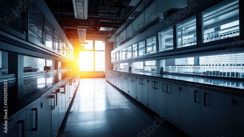 Obraz na płótnie Modern laboratory interior illuminated by sunlight streaming through large windows. w salonie