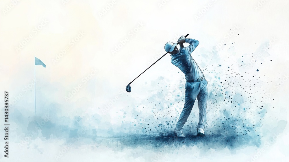 A golfer in motion swings a club against a watercolor background, capturing the dynamic energy of the sport with a flag in the distance.