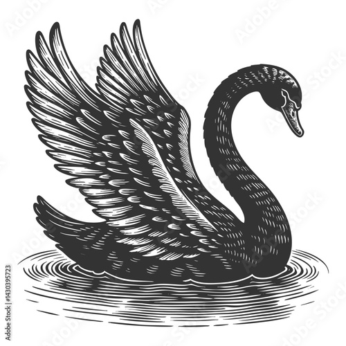 black swan, as a metaphor for unexpected, high-impact events or anomalies sketch engraving generative ai vector illustration. Scratch board imitation. Black and white image.