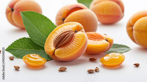 Healthy and sweet orange dried apricot fruits with fresh mint leaves are isolated on white, a tasty vegetarian food