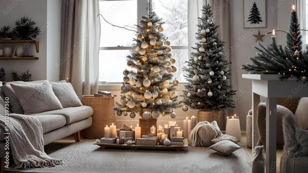 Warm Christmas evening in the interior of a bedroom with a double bed, a large Christmas tree, decorated with many lights of garlands.