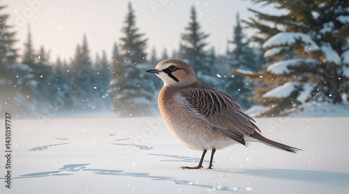 A wild brown and white duck, a goose, and possibly a black puffin stand in the snowy winter nature, their beaks and feathers contrasting against the white