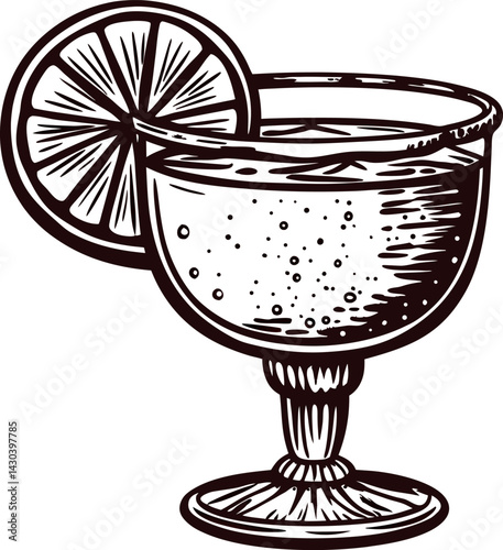 Intricate line art of a refreshing cocktail with lemon slice in classic glass