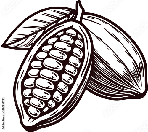 Detailed of cocoa pods with leaves showcasing raw cacao beans.