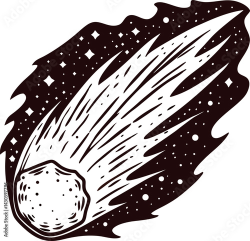 Black and white of a meteor shooting through space with stars.