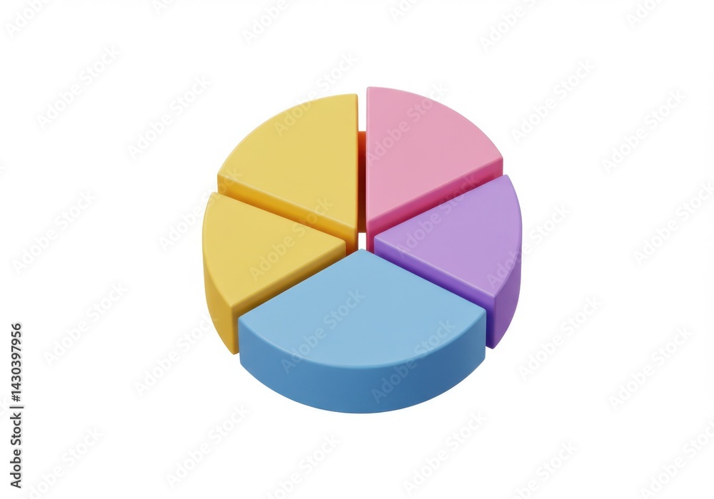 Fototapeta premium Colorful pie chart with five segments isolated on white background
