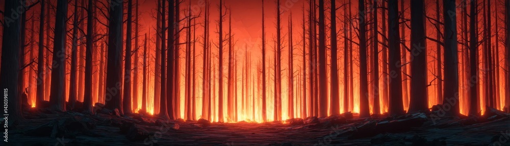 Fototapeta premium A breathtaking forest scene illuminated by an intense orange glow at dusk.