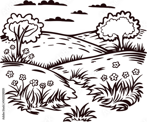 Illustrated landscape of rolling hills with trees and flowers in black and white.