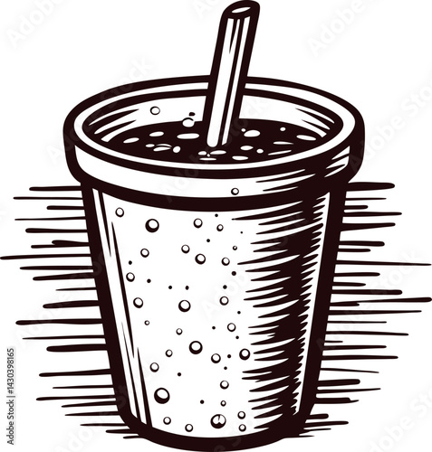 Sketch of a refreshing soda cup with straw and bubbles in a detailed.