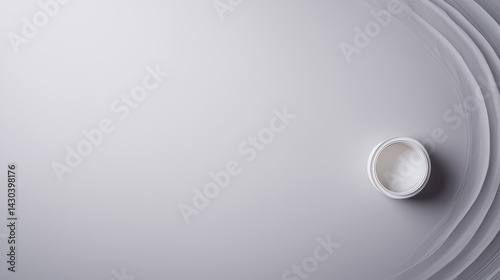 Aerial view shows a small round white container placed on a subtle wave patterned background with an elegant soft gray gradient, creating a clean minimal aesthetic.