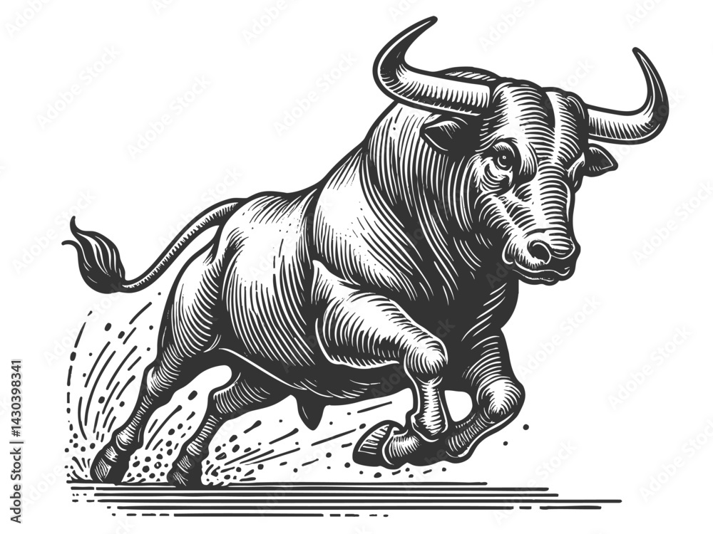 muscular bull in mid-charge, capturing strength, aggression, and motion in a bold style sketch engraving generative ai vector illustration. Scratch board imitation. Black and white image.