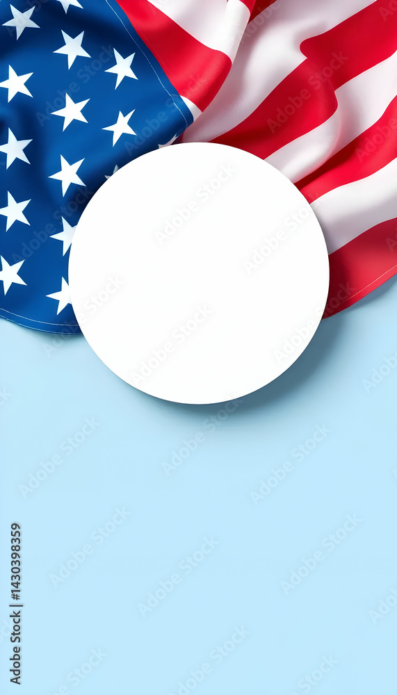 Fototapeta premium Patriotic USA Flag Design with Stars and Stripes on Light Blue Background, Featuring a Blank White Circular Copyspace, Ideal for Independence Day or Memorial Day Themes