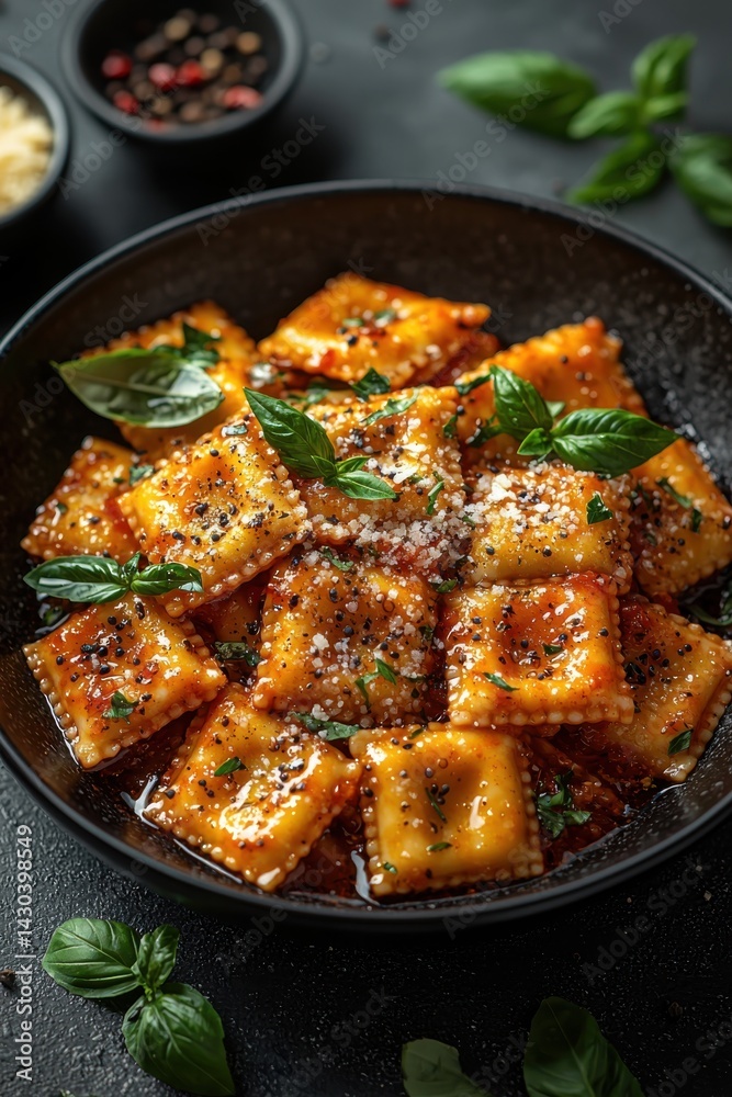 Delicious ravioli garnished with basil leaves in a rich tomato sauce Delicious ravioli garnished with basil leaves in a rich tomato sauce
