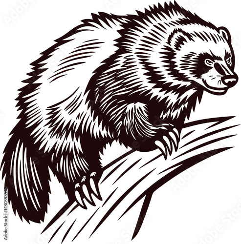 Detailed of a wolverine climbing a tree branch in black and white.