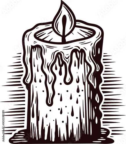 Intricate vintage candle with melting wax and flickering flame.