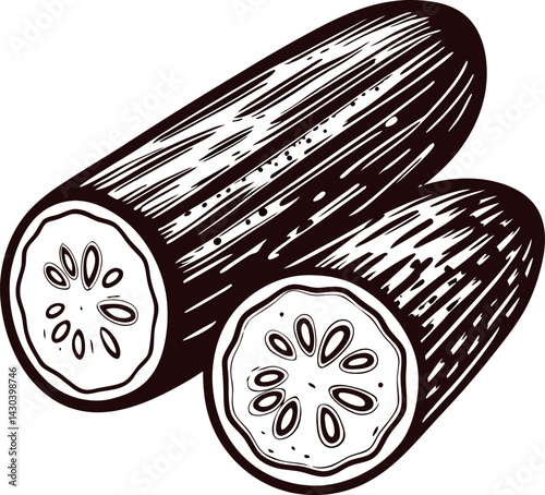 Detailed of cucumbers with cross section showing seeds.