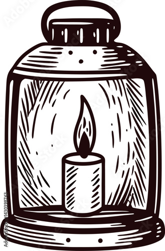 Vintage lantern with candle flame in monochrome sketch.