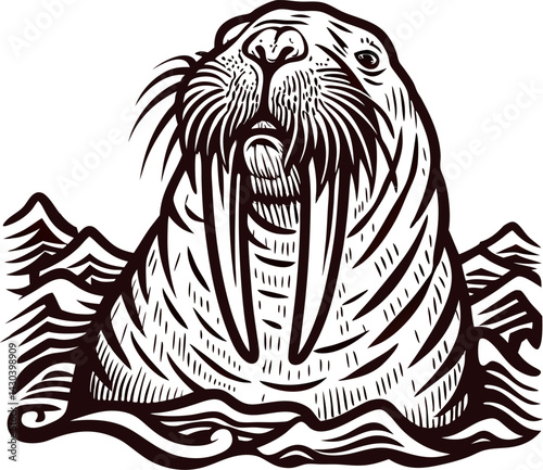 Illustrated walrus emerging from waves in mountainous arctic environment.