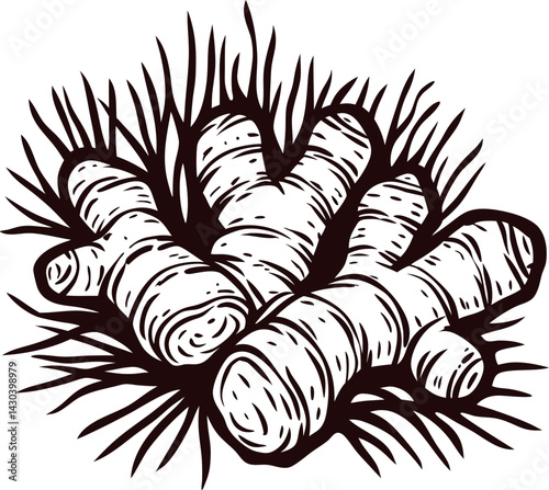 Black and white of fresh ginger root with grass elements.