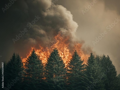 A dramatic forest fire engulfing trees with dark smoke billowing into the sky.