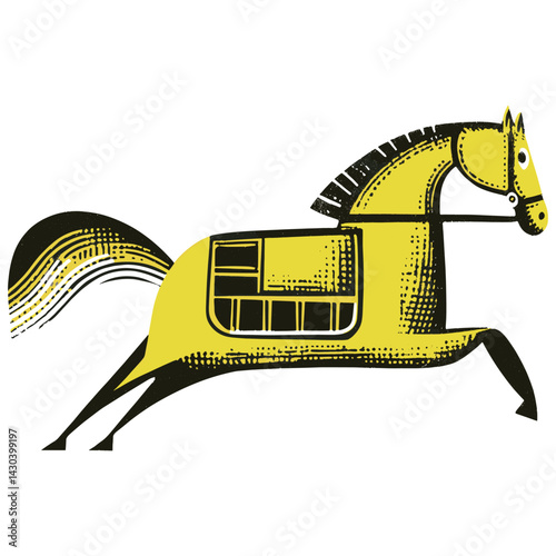 Linocut Knight ride horse illustration yellow style vector