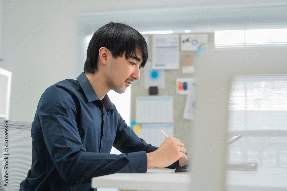 young businessman using a tablet computer after a meeting in the office Smiling male executive using digital tablet Thinking business man, manager and mature expert planning analytics, strategy
