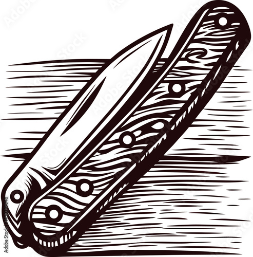Engraved pocket knife with ornate designs on wooden handle