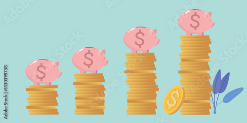 Dollar rate, chart, budget planning, dollar icon, piggy bank. Profitable investments, accumulation of finances, safe storage of money