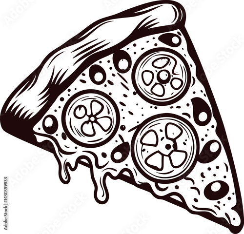 Monochrome of a pizza slice with dripping cheese and toppings