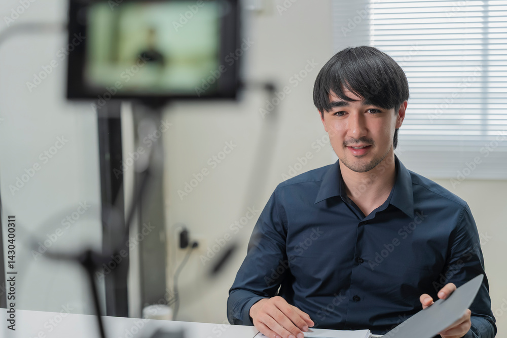 Caucasian businessman instructor recording a video of business class teacher during e-learning class Man records training. Live streaming a business class trick and lesson
