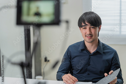 Obraz na płótnie Caucasian businessman instructor recording a video of business class teacher during e-learning class Man records training. Live streaming a business class trick and lesson w salonie
