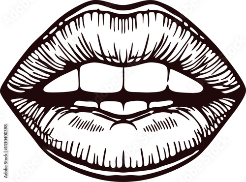 Stylized black and white of plump lips with detailed texture.