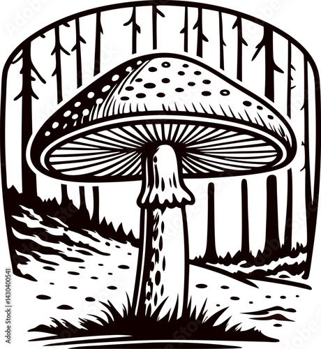 Large mushroom in forest landscape with tall trees in the background.