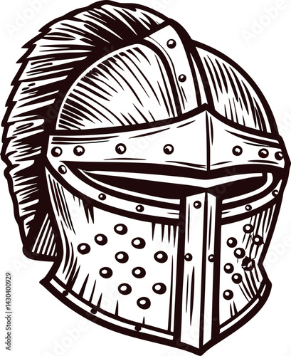 Antique medieval knight helmet with detailed crest and rivets in black and white drawing.