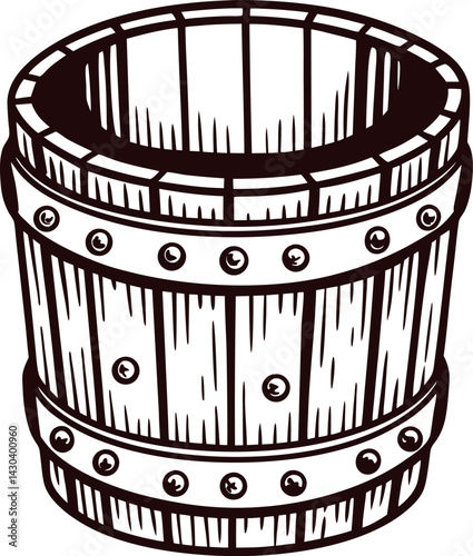 Wooden barrel with metal bands in rustic.