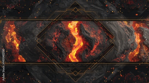 Abstract lava flow with geometric frame, volcanic energy concept. Perfect for gaming backgrounds, tech presentations, and fiery designs.