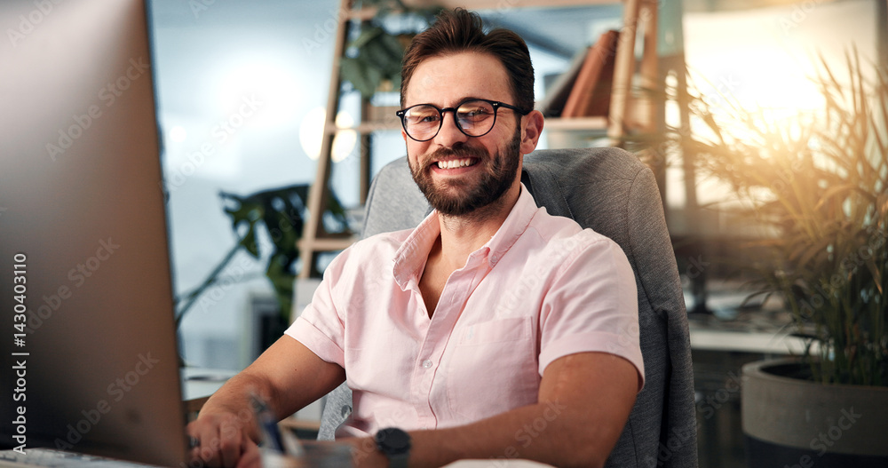 Research, portrait or happy man on computer in office for online project, review or economy website. Glasses, financial consultant or accountant on technology for planning budget, report or business