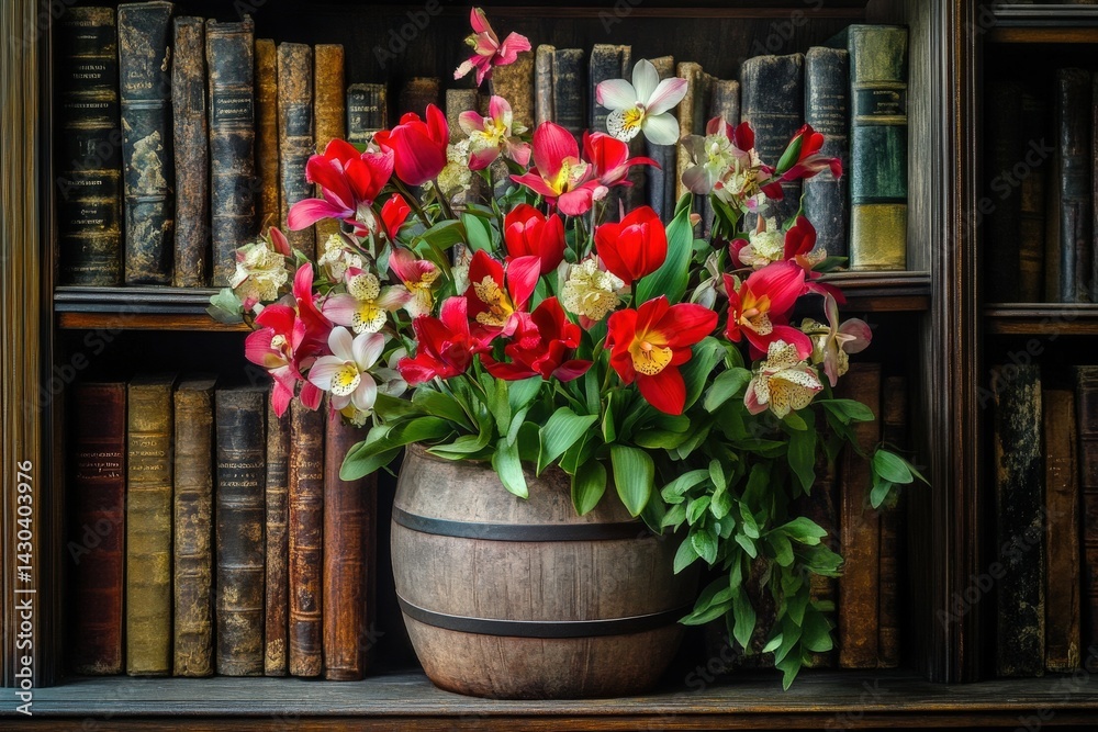 Fototapeta premium A vibrant bouquet of tulips and daffodils in a wooden barrel amidst antique books.