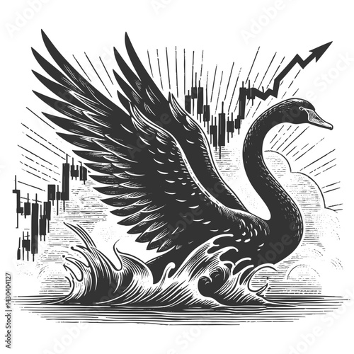 black swan flapping in turbulent waters with rising and falling red stock charts, symbolizing unpredictable market disruptions sketch engraving generative ai vector illustration. Black and white.