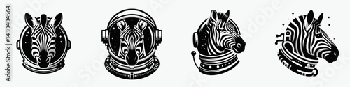 Zebra head with astronaut helmet. Space suit universe galaxy cartoon clipart. Exotic mammal wearing headgear exploration attire.