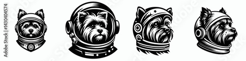 Yorkshire Terrier Dog head with astronaut helmet. Space suit universe galaxy cartoon clipart. Canine yorkie face within cosmonaut dome.