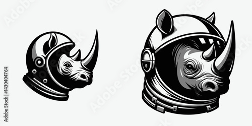 Rhino head with astronaut helmet. Space suit universe galaxy cartoon clipart. Cosmic in spaceman gear mammal wearing protective dome.