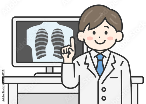 モニターを見せて、説明する男性医師（線画カラー）のイラスト