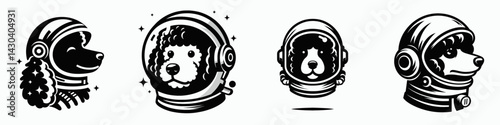 Poodle Dog head with astronaut helmet. Space suit universe galaxy cartoon clipart. Canine cosmonaut visage breed in spacesuit helmet.